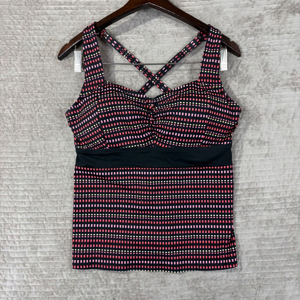 Lands End Womens Tankini Swim Top Pink Geometric Print Cross Back 10 517728
